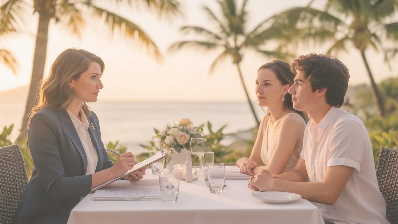 A wedding planner coordinating an outdoor destination wedding setup