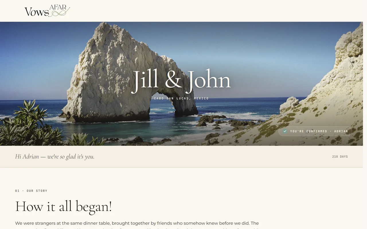 A couple's wedding hub open in a browser at its own vowsafar.au link — their names, the destination and RSVP status