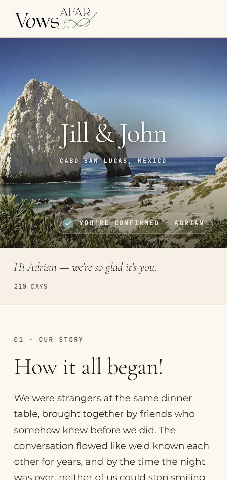 A phone showing a couple's wedding hub — their names, the destination, an RSVP confirmation and a countdown