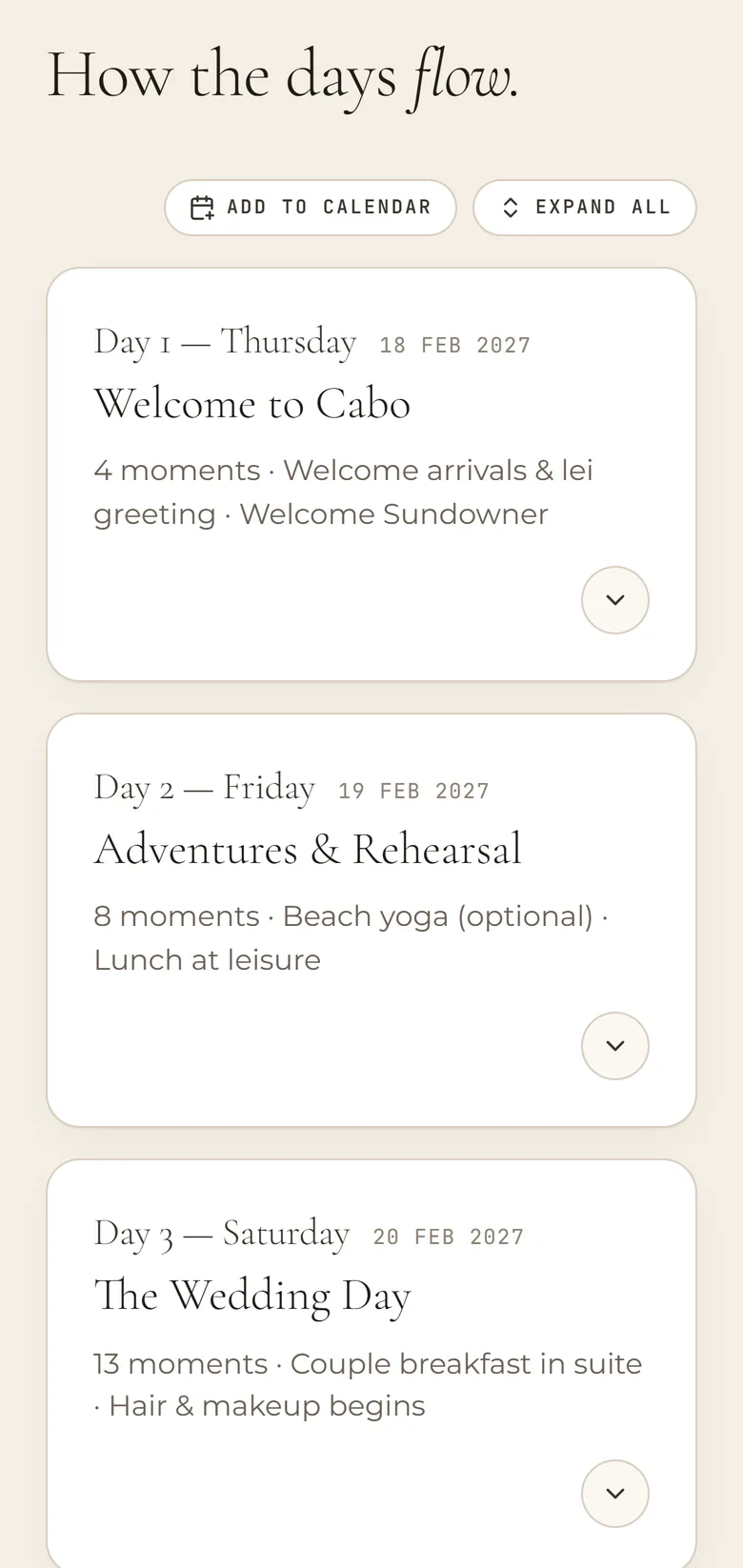 A phone showing a wedding hub's day-by-day schedule — itinerary cards for a multi-day destination wedding